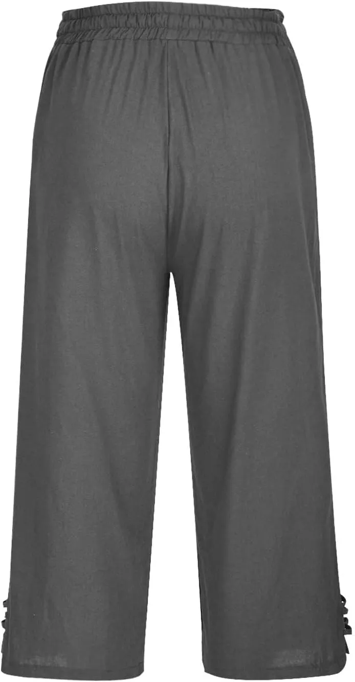 Cropped Solid Color Pants for Women Summer Fashion Height Waist Elastic Linen Trousers Pockets Straight Leg