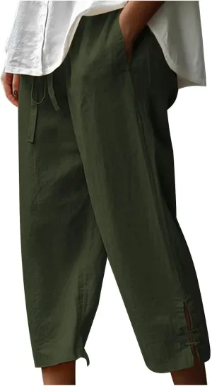 Cropped Solid Color Pants for Women Summer Fashion Height Waist Elastic Linen Trousers Pockets Straight Leg