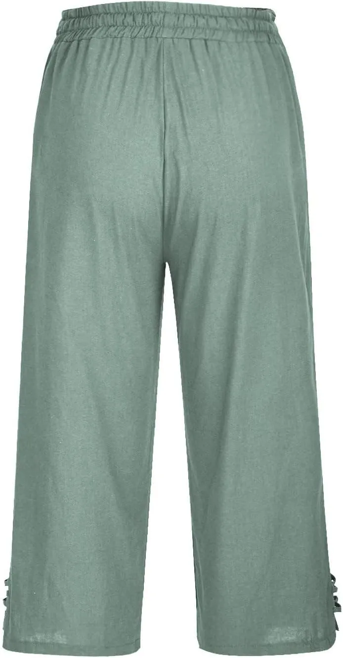 Cropped Solid Color Pants for Women Summer Fashion Height Waist Elastic Linen Trousers Pockets Straight Leg