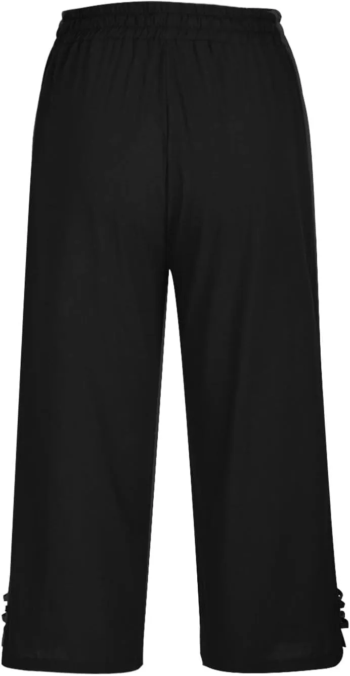 Cropped Solid Color Pants for Women Summer Fashion Height Waist Elastic Linen Trousers Pockets Straight Leg