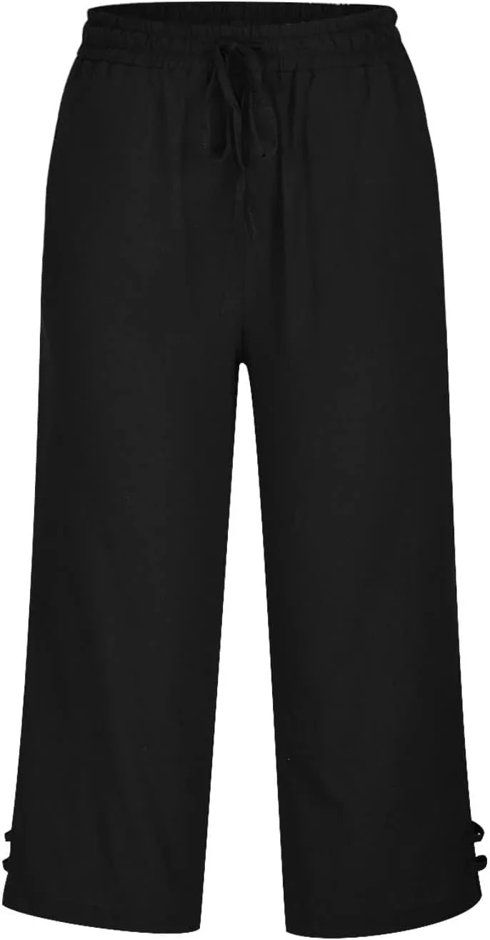 Cropped Solid Color Pants for Women Summer Fashion Height Waist Elastic Linen Trousers Pockets Straight Leg