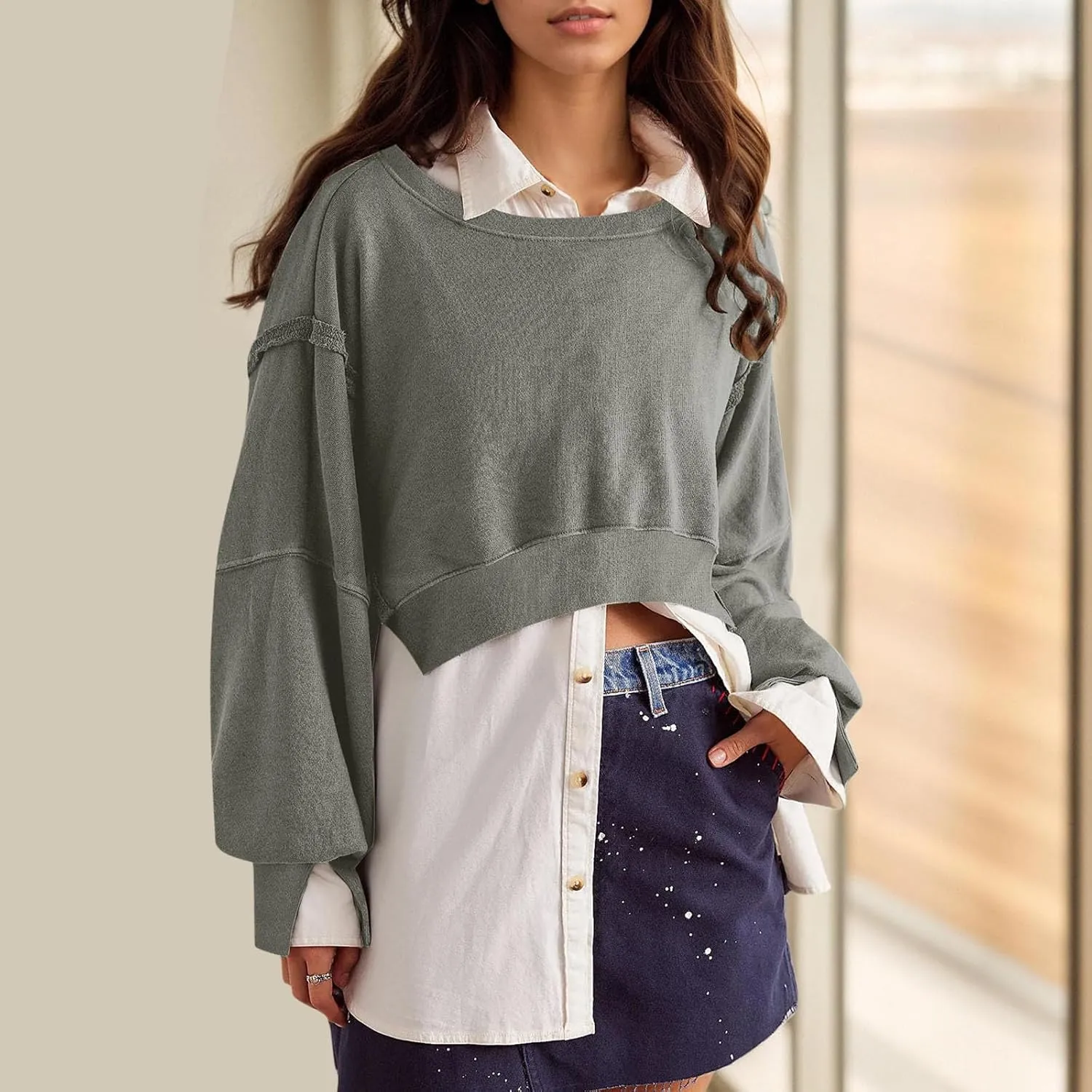Cropped Sweatshirt For Women Fashion 2024 Casual Long Sleeve Crewneck Oversized Pullover Sweatshirts Fall y2k Clothes