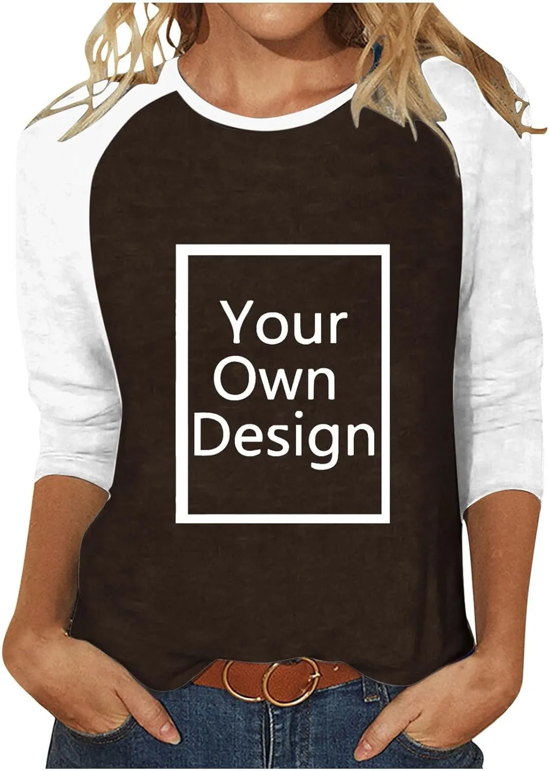 Custom Shirt, Your Own Design Text/Photo/Image/Logo Women Printed Tshirt Patchwork 3/4 Sleeve Blouse Tops