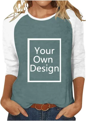 Custom Shirt, Your Own Design Text/Photo/Image/Logo Women Printed Tshirt Patchwork 3/4 Sleeve Blouse Tops