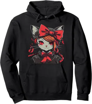 Cute Anime Cat Girl Wear Red Ribbon Graphic for Girls Women Pullover Hoodie
