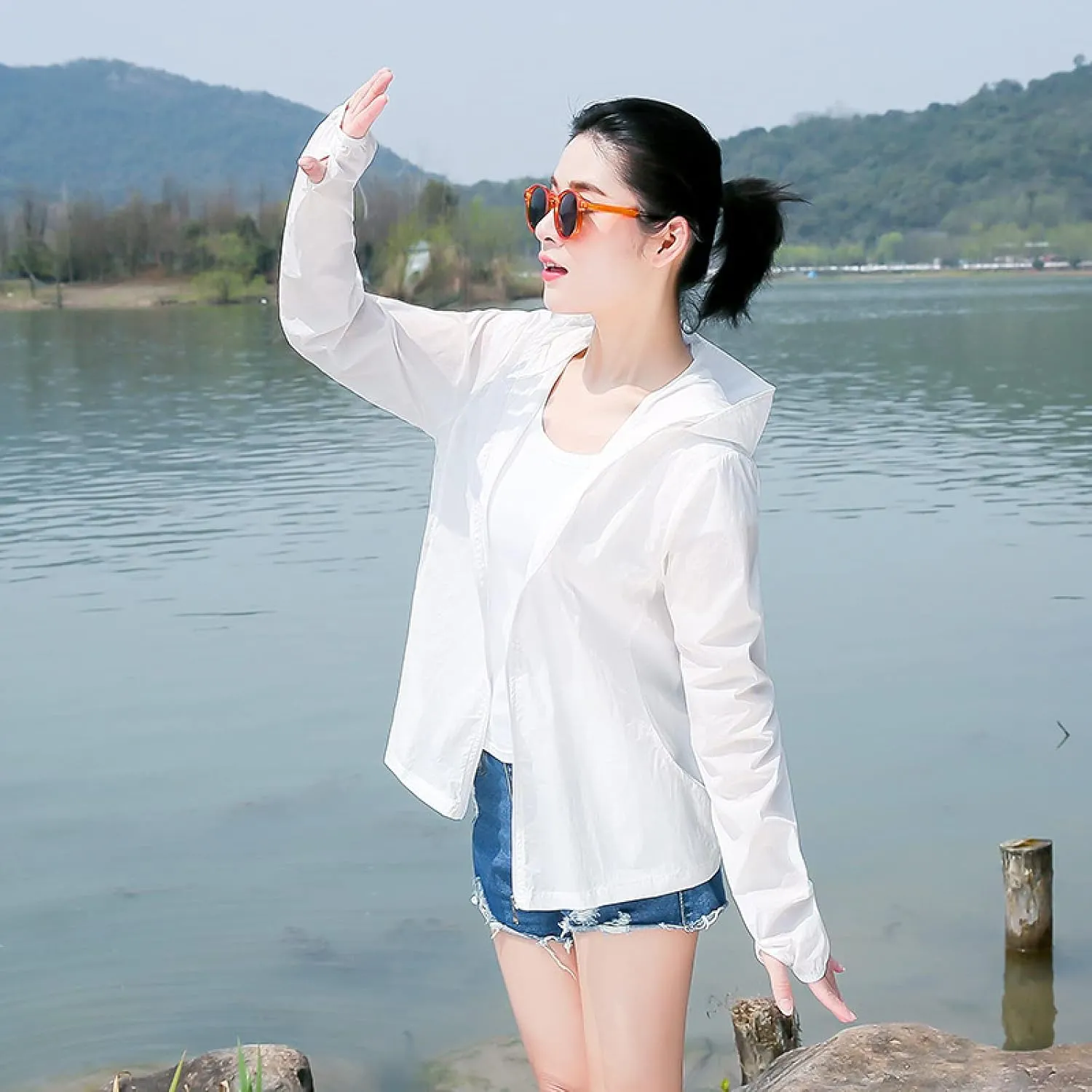 Cycling Clothing Women, Solid Color Breathable, Long Sleeve Hooded Sun Protection, White, M,Running Hiking Light Jackets