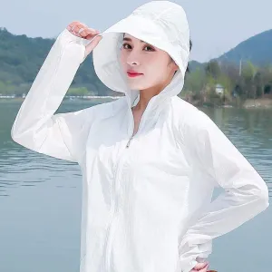 Cycling Clothing Women, Solid Color Breathable, Long Sleeve Hooded Sun Protection, White, M,Running Hiking Light Jackets