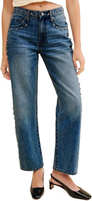 D-Sun Women's Studded Mid Rise Straight Jeans Wide Leg Casual Jeans Rivet Baggy Denim Pants Blue