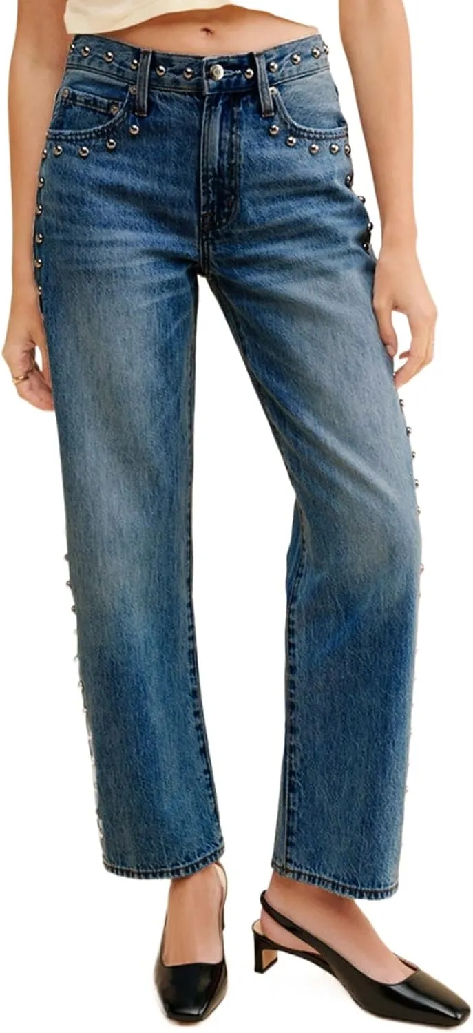 D-Sun Women's Studded Mid Rise Straight Jeans Wide Leg Casual Jeans Rivet Baggy Denim Pants Blue