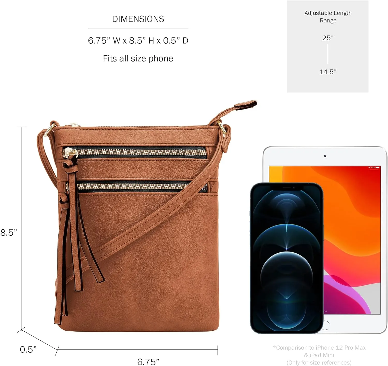 DELUXITY | Crossbody Purse Bag | Functional Multi Pocket Double Zipper Purse | Adjustable Strap | Medium Size Purse |Cognac