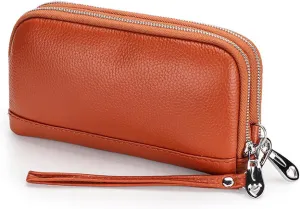 Double zipper clutch for women, multi-functional top layer cowhide long wallet, genuine leather clutch