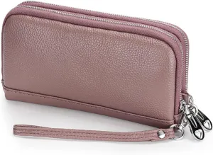 Double zipper clutch for women, multi-functional top layer cowhide long wallet, genuine leather clutch