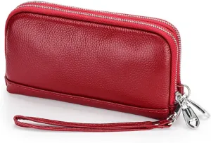 Double zipper clutch for women, multi-functional top layer cowhide long wallet, genuine leather clutch