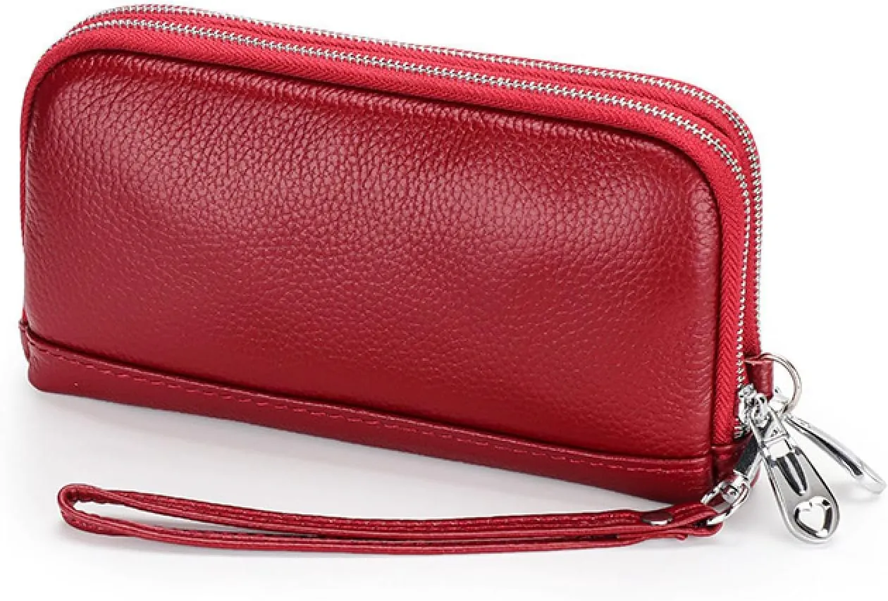 Double zipper clutch for women, multi-functional top layer cowhide long wallet, genuine leather clutch