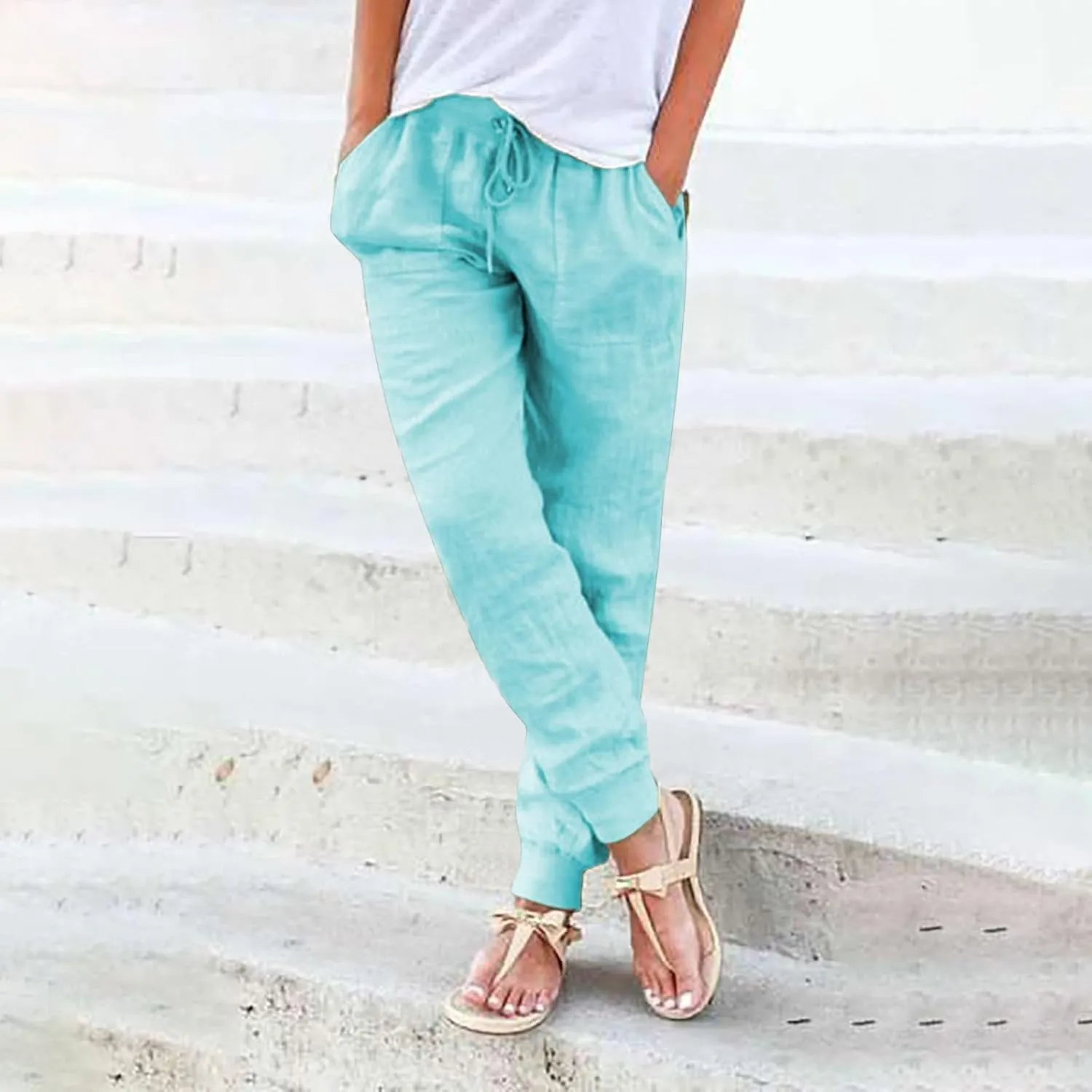 Elastic Waist Pants For Women Loose Cinch Bottom Cotton Linen Summer Plain Trousers Lounge Tapered Pants with Pockets