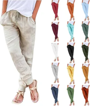 Elastic Waist Pants For Women Loose Cinch Bottom Cotton Linen Summer Plain Trousers Lounge Tapered Pants with Pockets