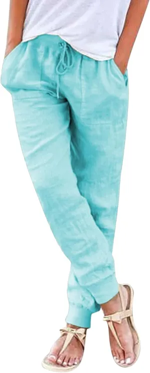 Elastic Waist Pants For Women Loose Cinch Bottom Cotton Linen Summer Plain Trousers Lounge Tapered Pants with Pockets