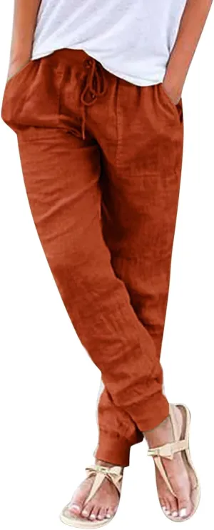 Elastic Waist Pants For Women Loose Cinch Bottom Cotton Linen Summer Plain Trousers Lounge Tapered Pants with Pockets