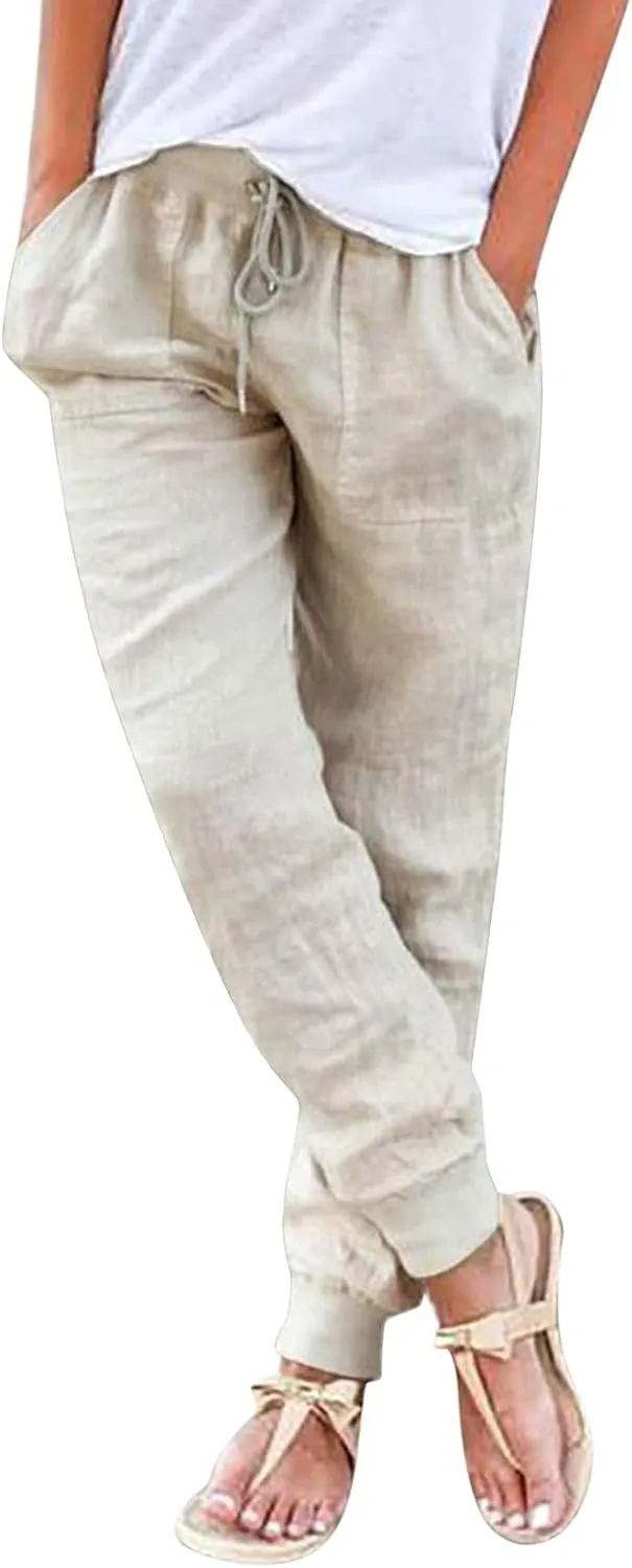 Elastic Waist Pants For Women Loose Cinch Bottom Cotton Linen Summer Plain Trousers Lounge Tapered Pants with Pockets