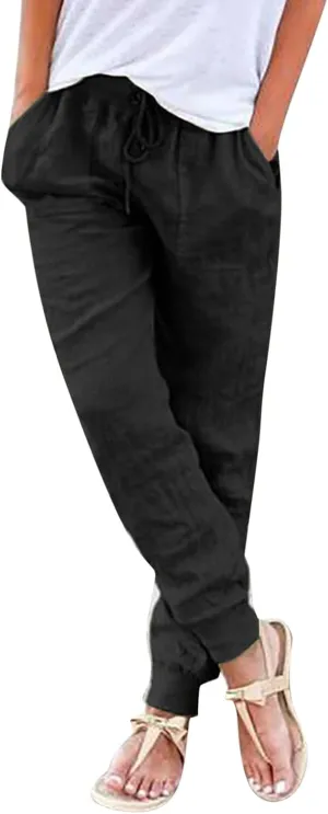 Elastic Waist Pants For Women Loose Cinch Bottom Cotton Linen Summer Plain Trousers Lounge Tapered Pants with Pockets