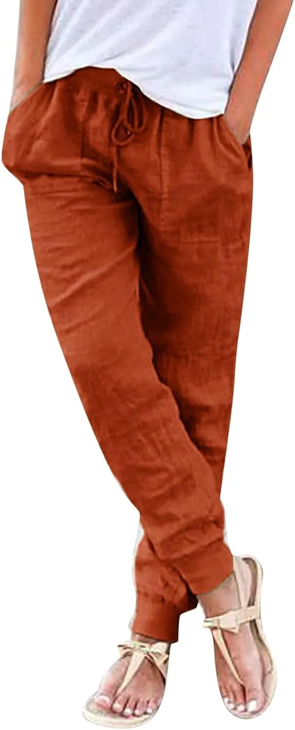 Elastic Waist Pants For Women Loose Cinch Bottom Cotton Linen Summer Plain Trousers Lounge Tapered Pants with Pockets
