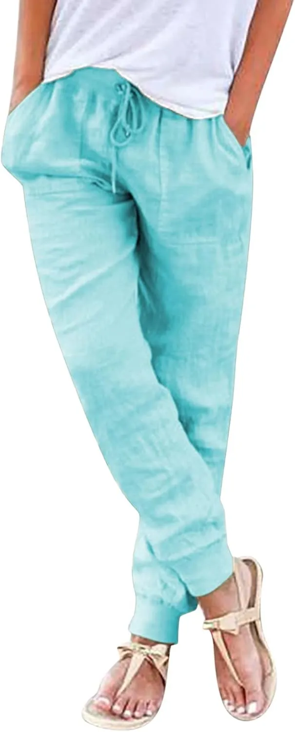Elastic Waist Pants For Women Loose Cinch Bottom Cotton Linen Summer Plain Trousers Lounge Tapered Pants with Pockets