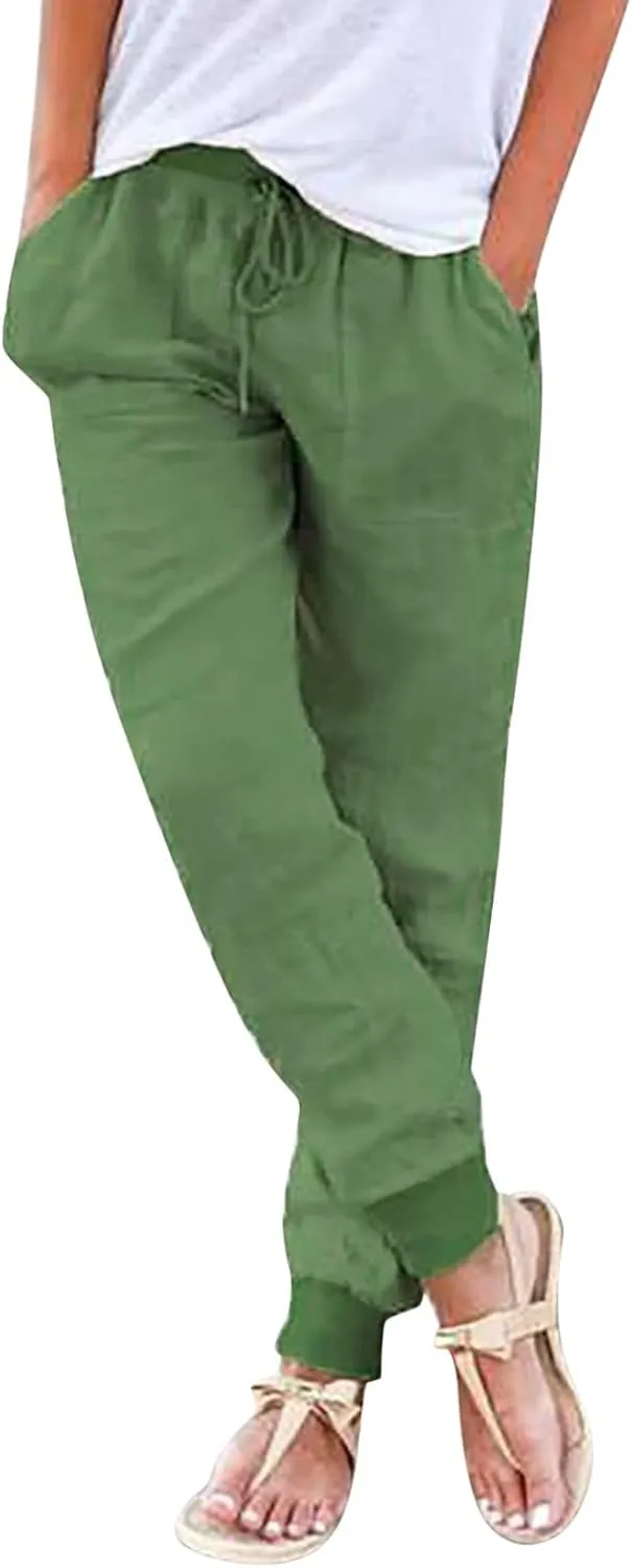 Elastic Waist Pants For Women Loose Cinch Bottom Cotton Linen Summer Plain Trousers Lounge Tapered Pants with Pockets