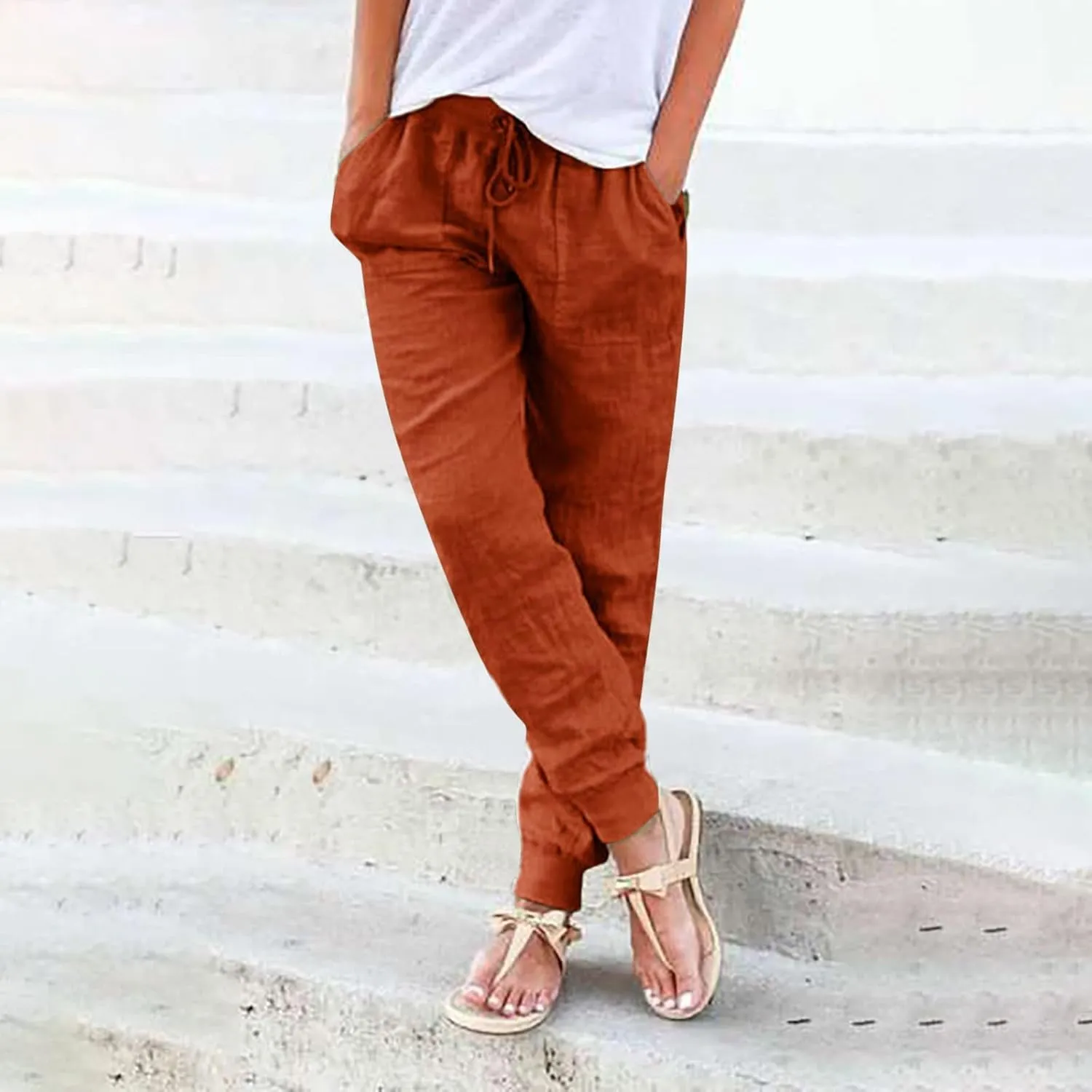 Elastic Waist Pants For Women Loose Cinch Bottom Cotton Linen Summer Plain Trousers Lounge Tapered Pants with Pockets
