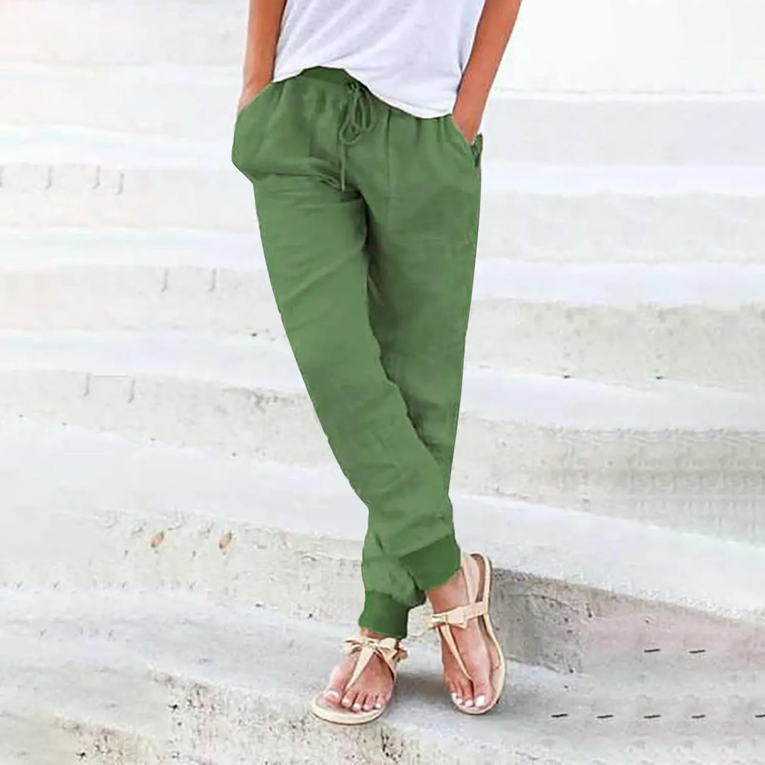 Elastic Waist Pants For Women Loose Cinch Bottom Cotton Linen Summer Plain Trousers Lounge Tapered Pants with Pockets
