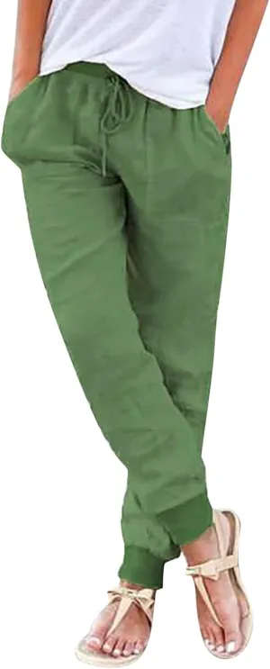 Elastic Waist Pants For Women Loose Cinch Bottom Cotton Linen Summer Plain Trousers Lounge Tapered Pants with Pockets