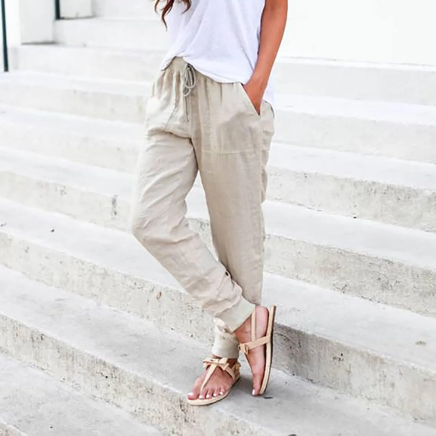 Elastic Waist Pants For Women Loose Cinch Bottom Cotton Linen Summer Plain Trousers Lounge Tapered Pants with Pockets