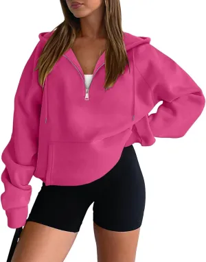 fanmpghleoo Cropped Zip Up Hoodie Women Oversized Fleece Drawstring Plain Hooded Sweatshirt Drop Shoulder Warm Zipper Hoodies
