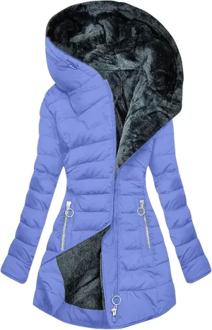 Fleece Lined Down Jacket Women Zip up Puffer Jacket Faux Fur Coat Quilted Insulated Jacket Warm Parka Coat