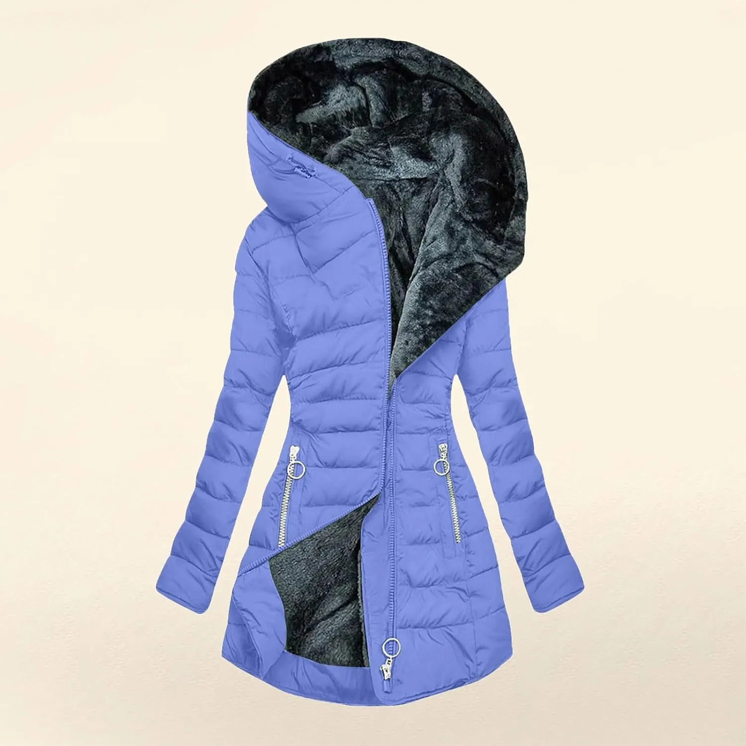 Fleece Lined Down Jacket Women Zip up Puffer Jacket Faux Fur Coat Quilted Insulated Jacket Warm Parka Coat