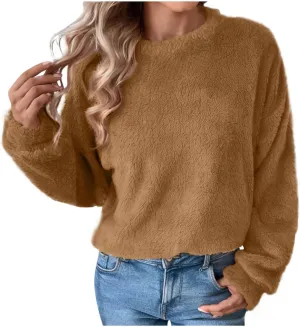 Fleece Sweatshirt For Women Soft Warm Casual Crewneck Long Sleeve Fuzzy Pullover Winter Comfy Solid Color Sherpa Tops
