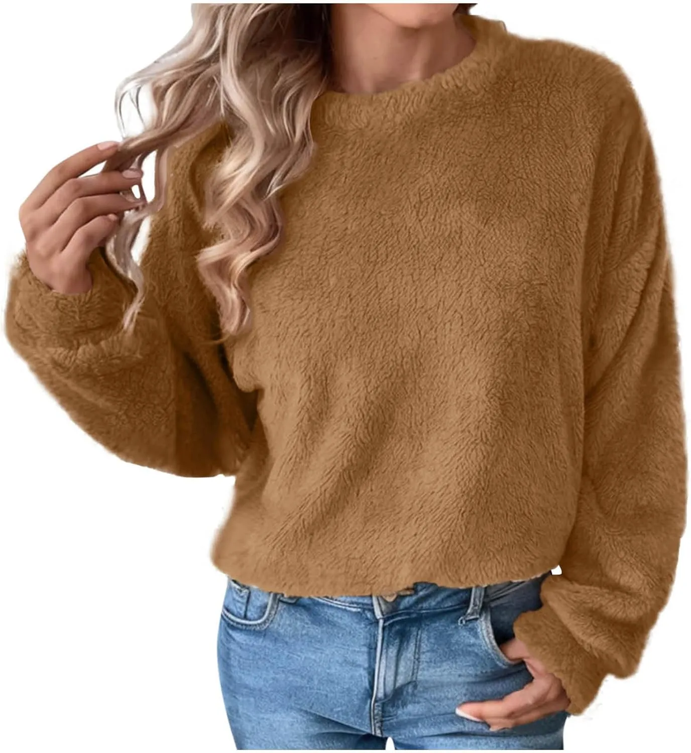 Fleece Sweatshirt For Women Soft Warm Casual Crewneck Long Sleeve Fuzzy Pullover Winter Comfy Solid Color Sherpa Tops