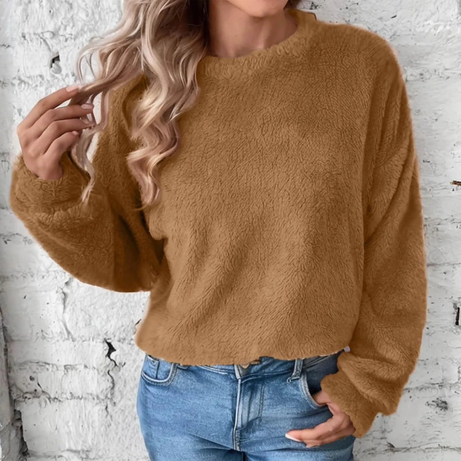 Fleece Sweatshirt For Women Soft Warm Casual Crewneck Long Sleeve Fuzzy Pullover Winter Comfy Solid Color Sherpa Tops