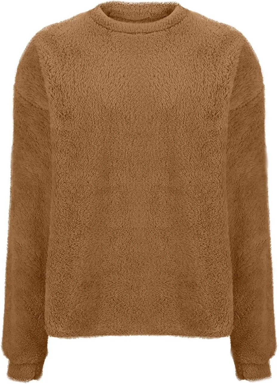 Fleece Sweatshirt For Women Soft Warm Casual Crewneck Long Sleeve Fuzzy Pullover Winter Comfy Solid Color Sherpa Tops
