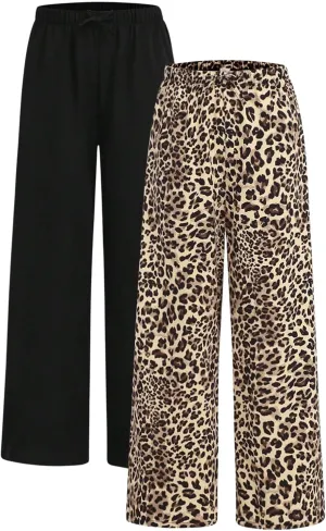 Floerns Girl's 2 Pcs Drawstring Waist Trousers Straight Wide Leg Loose Pants with Pockets