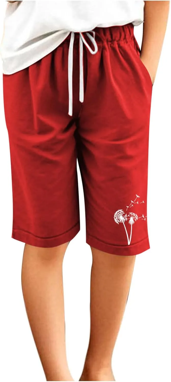 Girls Bermuda Shorts Linen Straight Leg Knee Length Shorts Sport Gym Casual Cute Flower Graphic Basic Summer Pant 2025