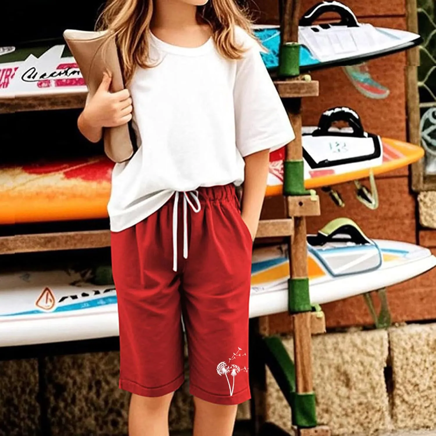 Girls Bermuda Shorts Linen Straight Leg Knee Length Shorts Sport Gym Casual Cute Flower Graphic Basic Summer Pant 2025