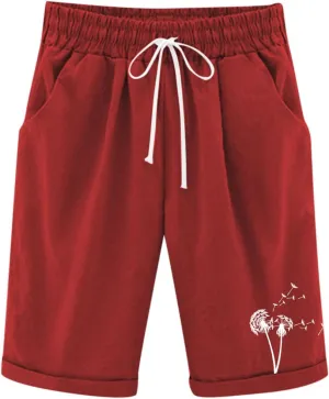 Girls Bermuda Shorts Linen Straight Leg Knee Length Shorts Sport Gym Casual Cute Flower Graphic Basic Summer Pant 2025