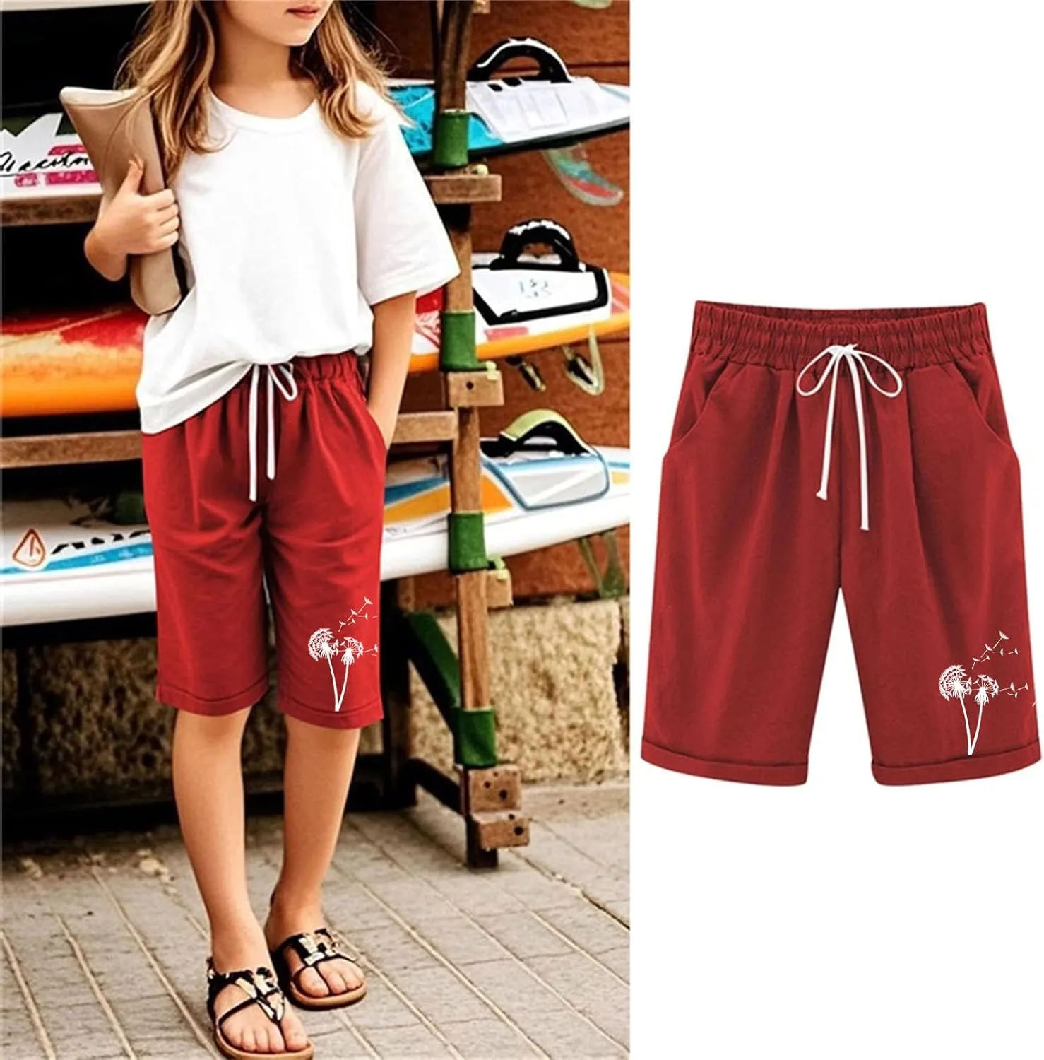 Girls Bermuda Shorts Linen Straight Leg Knee Length Shorts Sport Gym Casual Cute Flower Graphic Basic Summer Pant 2025