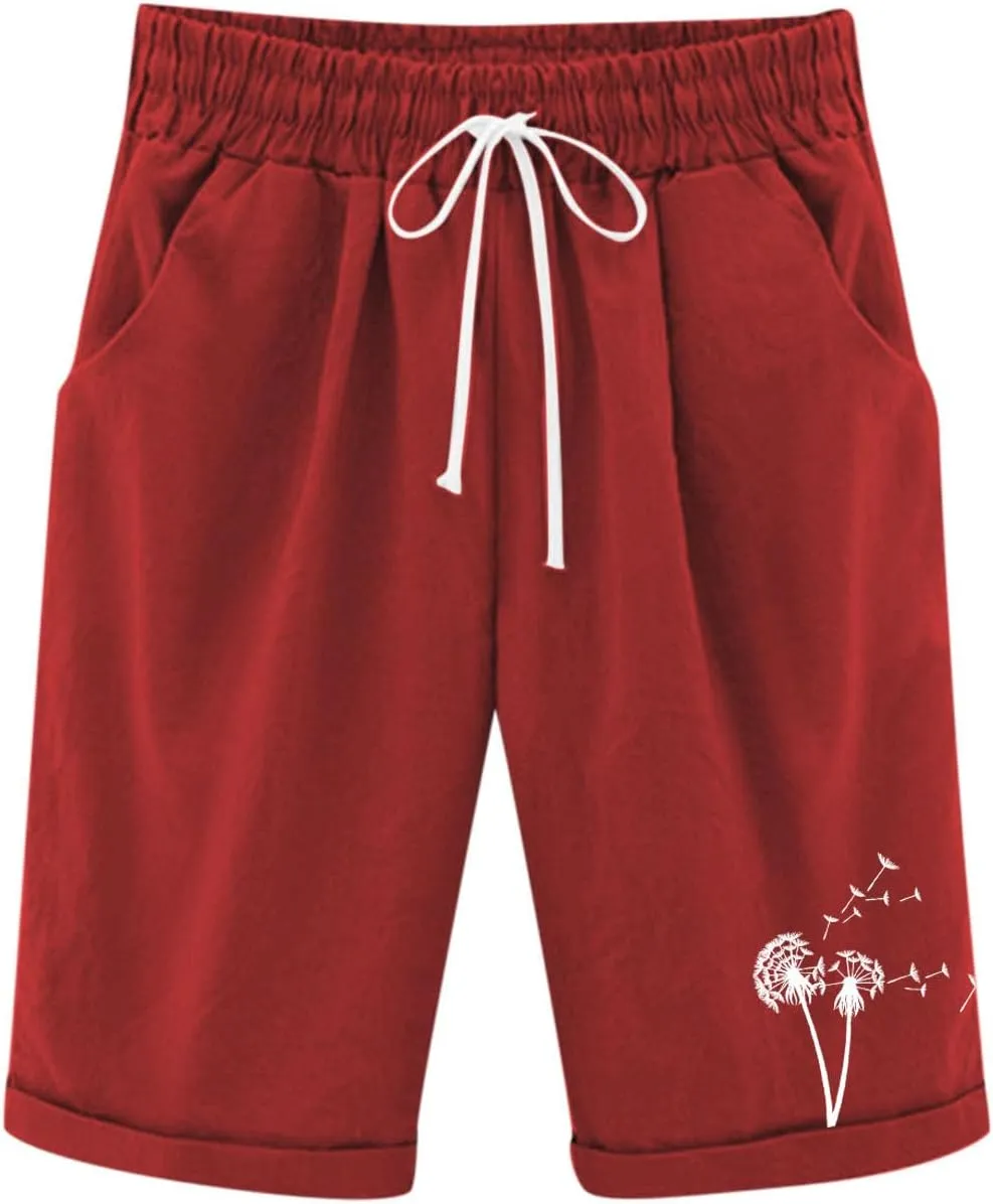 Girls Bermuda Shorts Linen Straight Leg Knee Length Shorts Sport Gym Casual Cute Flower Graphic Basic Summer Pant 2025