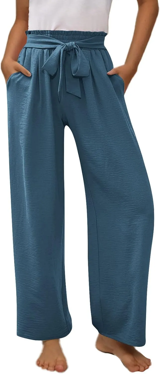 Girls Linen Wide Leg Pants Summer Loose Comfy Flowy Lounge Trousers Kids Solid Lightweight Belted Pants with Pockets
