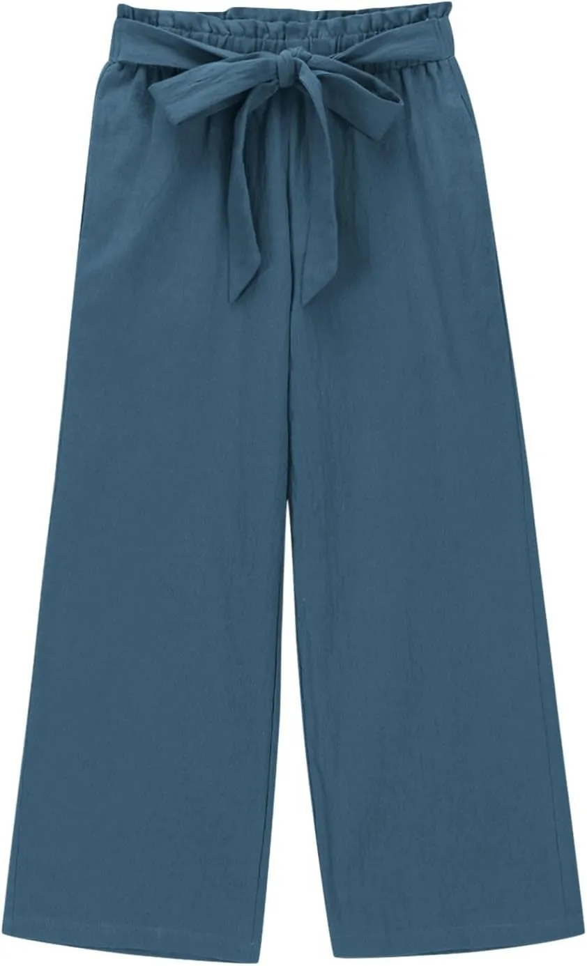Girls Linen Wide Leg Pants Summer Loose Comfy Flowy Lounge Trousers Kids Solid Lightweight Belted Pants with Pockets
