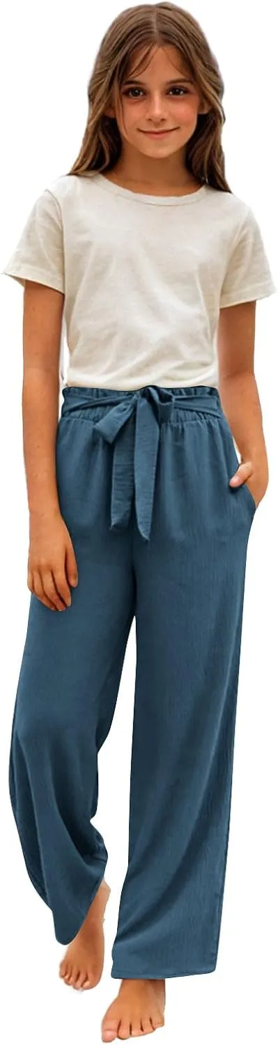 Girls Linen Wide Leg Pants Summer Loose Comfy Flowy Lounge Trousers Kids Solid Lightweight Belted Pants with Pockets