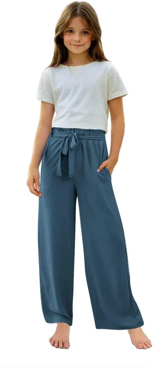 Girls Linen Wide Leg Pants Summer Loose Comfy Flowy Lounge Trousers Kids Solid Lightweight Belted Pants with Pockets