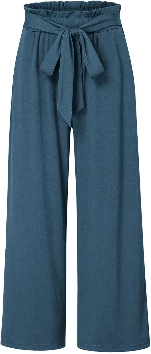 Girls Linen Wide Leg Pants Summer Loose Comfy Flowy Lounge Trousers Kids Solid Lightweight Belted Pants with Pockets