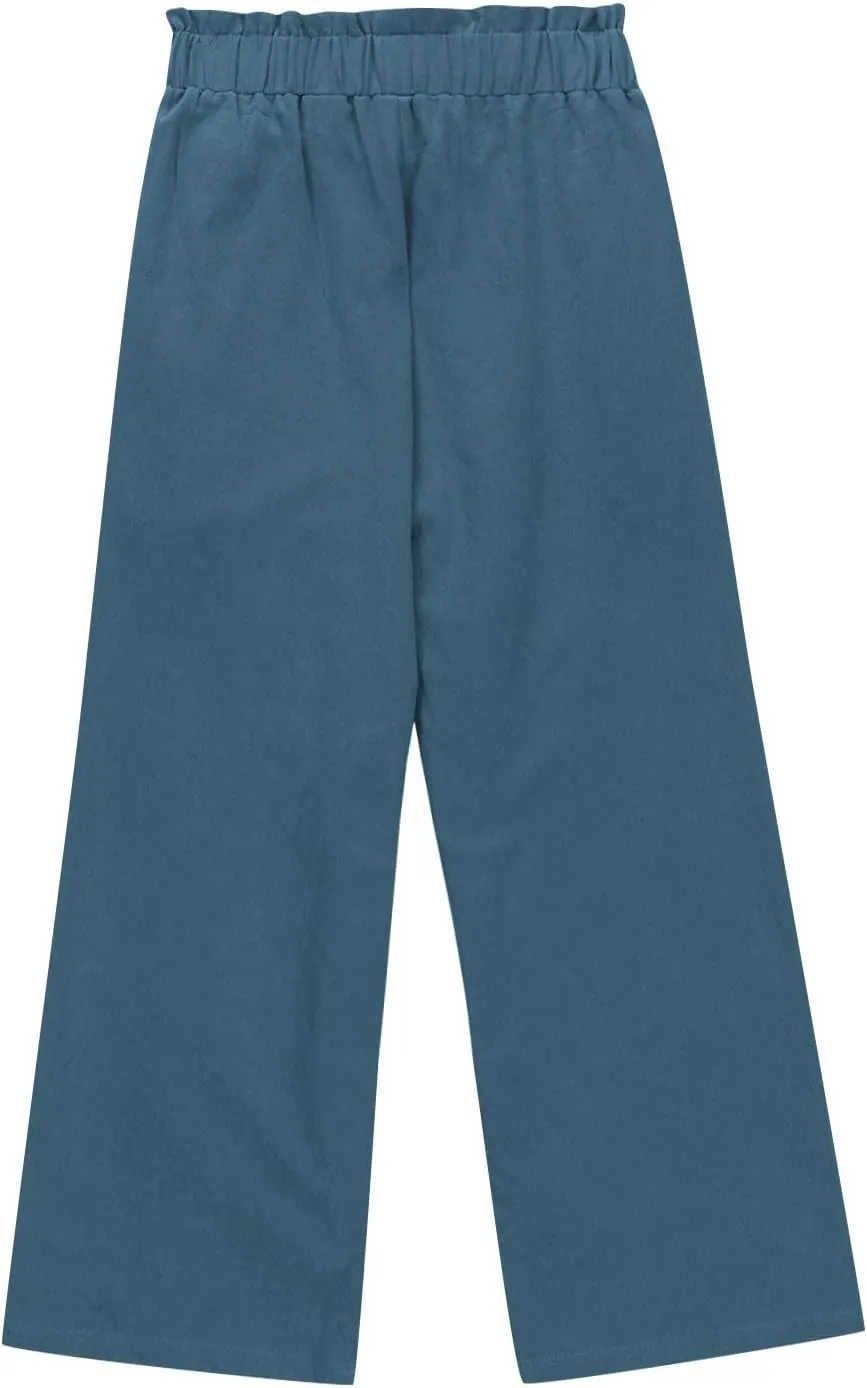 Girls Linen Wide Leg Pants Summer Loose Comfy Flowy Lounge Trousers Kids Solid Lightweight Belted Pants with Pockets